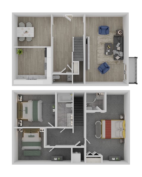 A top-down view of a small apartment with a bedroom, living room, and kitchen.